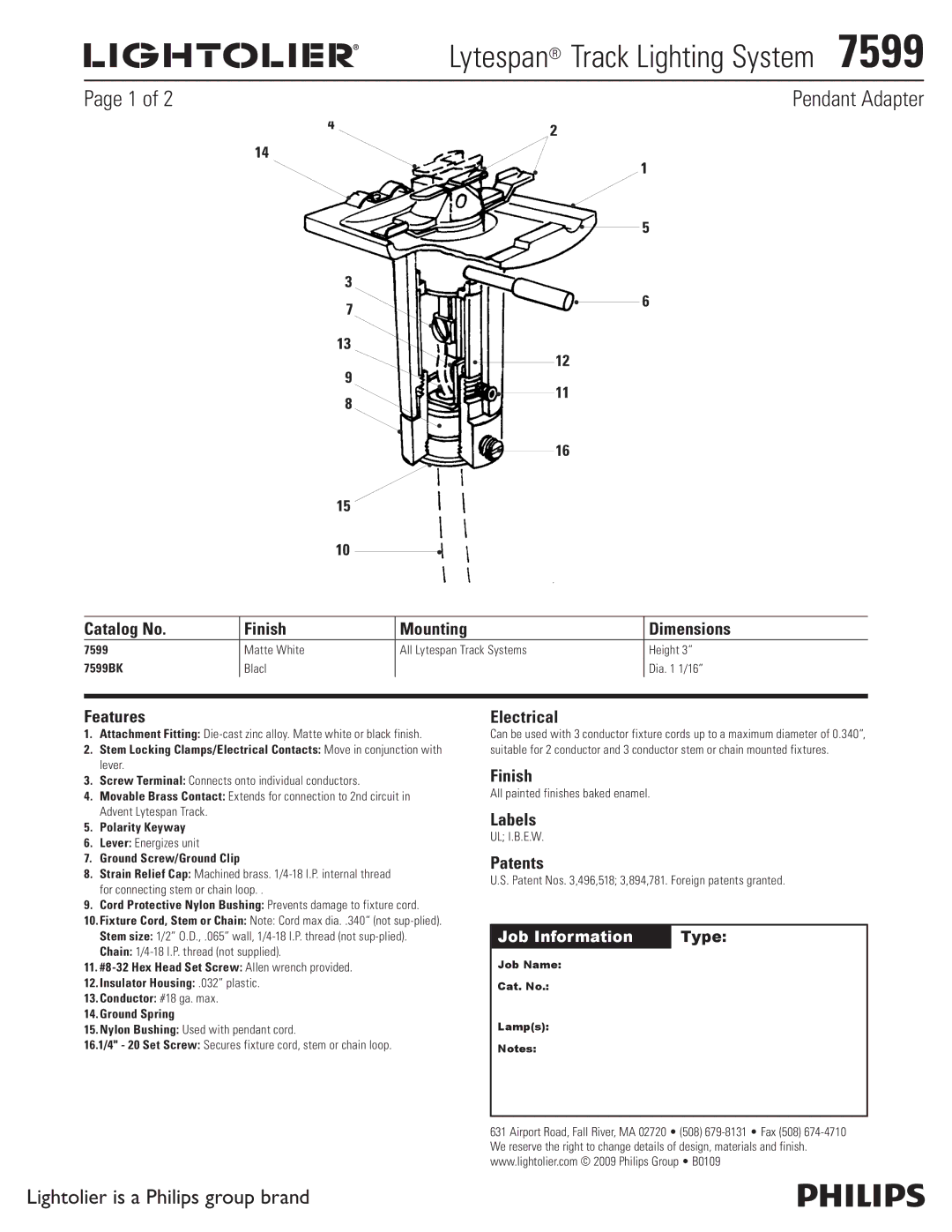 Lightolier 7599 dimensions Lytespan Track Lighting System , Pendant Adapter, Lightolier is a Philips group brand 